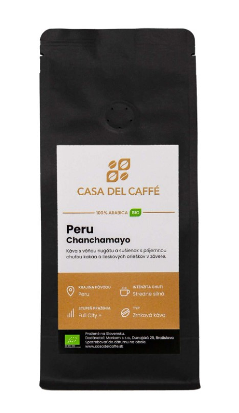 Káva Peru Chanchamayo BIO 250 g Peru Chanchamyo Bio je kvalitná 100% Arabica z peruánskeho Chanchamya. Vyznačuje sa stredne silnou chuťou s nádychom nugátu a sušienok. V...