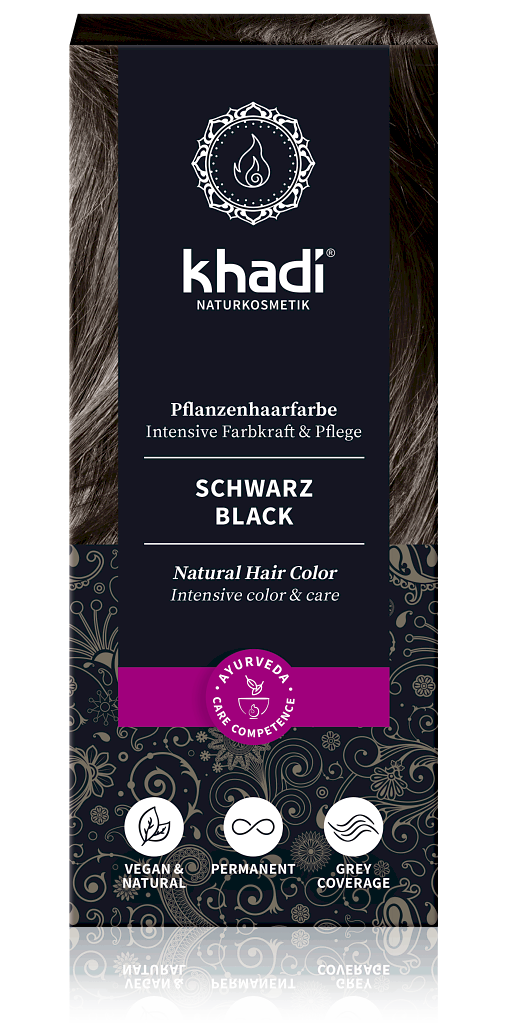 Khadi rastlinná farba na vlasy ČIERNA 100g Khadi prírodná rastlinná farba na vlasy, odtieň ČIERNA farbí vlasy na čierno s ľahko teplým tónom. Pri jeho aplikácii na šedivé, blo...