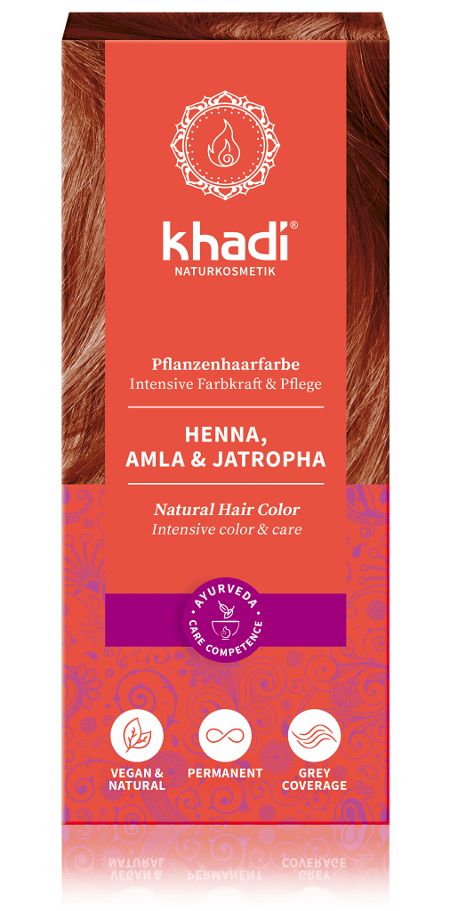 Khadi rastlinná farba na vlasy HENNA & AMLA & JATROPHA 100g Khadi prírodná rastlinná farba na vlasy, odtieň Amla & Jatropha farbí vlasy na oranžovo až červeno, tmavé vlasy na mahagónovo. Henna v...