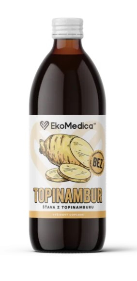 Topinambur šťava 500 ml Topinabur je podzemkom Slnečnice hľuznatej (lat. Helianthus tuberosus). Hľuzy topinaburu vyzerajú podobne ako koreň zázvoru so svetlohned...